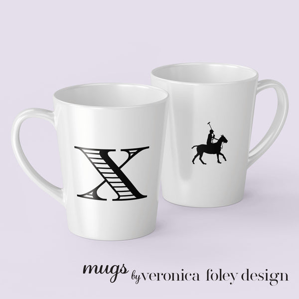 Letter S, T, U, V, W, X, Y, Z on Polo Pony or Horse Mug with Initial, Tapered Latte Style