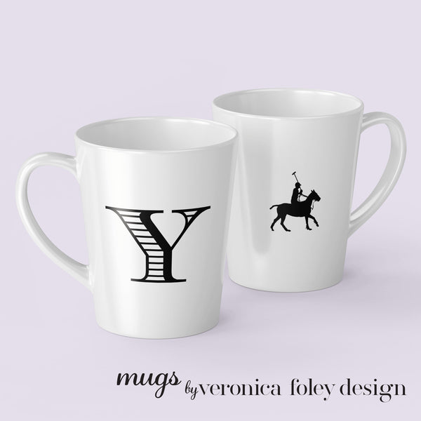Letter S, T, U, V, W, X, Y, Z on Polo Pony or Horse Mug with Initial, Tapered Latte Style