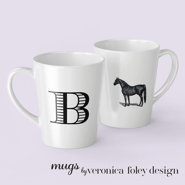 Letter A, B, C, D, E, F, G, H, I on Warmblood Horse Mug with Initial, Tapered Latte Style