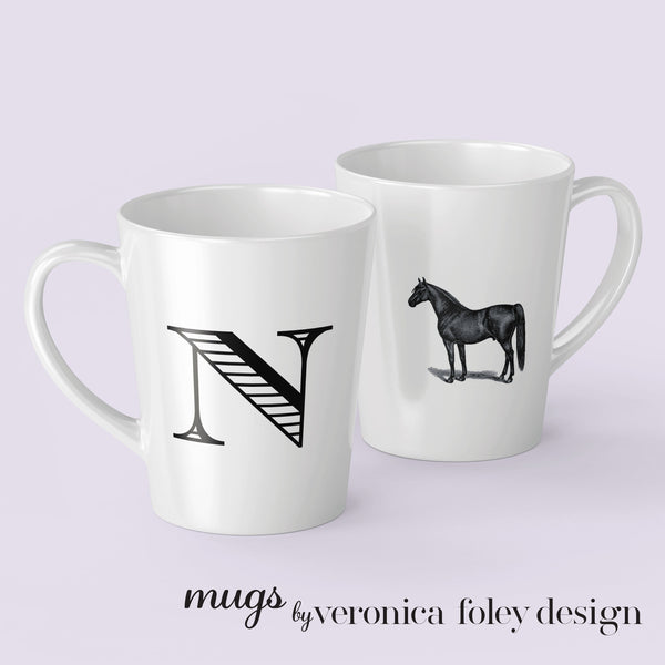 Letter J, K, L, M, N, O, P, Q, R on Warmblood Horse Mug with Initial, Tapered Latte Style
