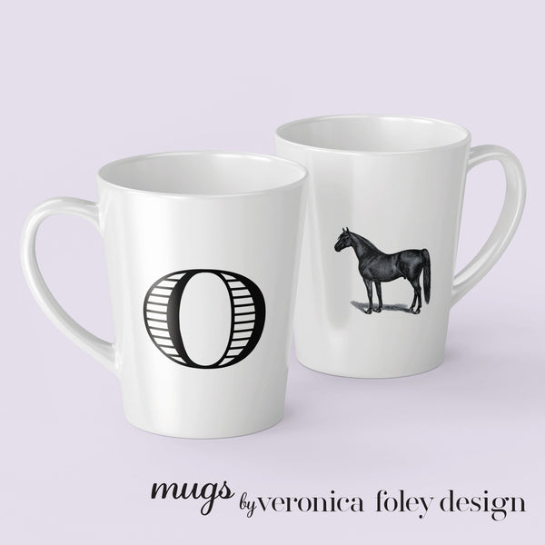 Letter J, K, L, M, N, O, P, Q, R on Warmblood Horse Mug with Initial, Tapered Latte Style