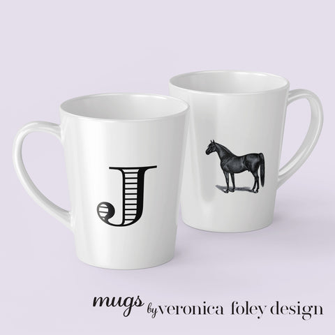 Letter J, K, L, M, N, O, P, Q, R on Warmblood Horse Mug with Initial, Tapered Latte Style