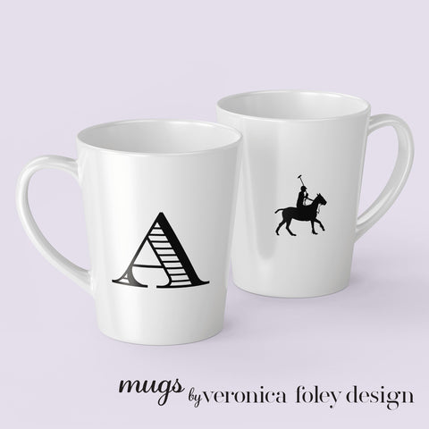 Letter A, B, C, D, E, F, G, H, I on Polo Pony or Horse Mug with Initial, Tapered Latte Style