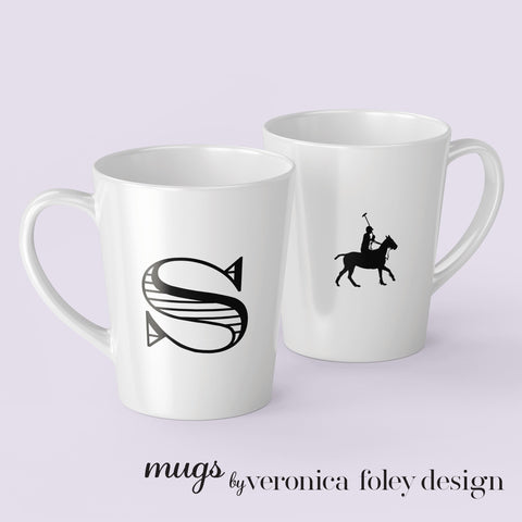 Letter S, T, U, V, W, X, Y, Z on Polo Pony or Horse Mug with Initial, Tapered Latte Style