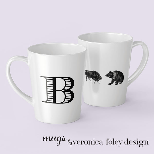 Letter A, B, C, D, E, F, G, H, I Bull and Bear Mug with Initial, Tapered Latte Style