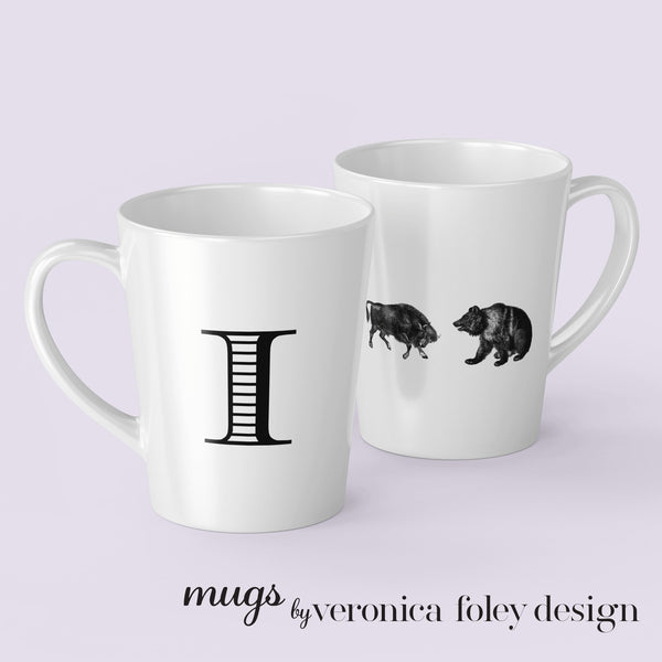 Letter A, B, C, D, E, F, G, H, I Bull and Bear Mug with Initial, Tapered Latte Style
