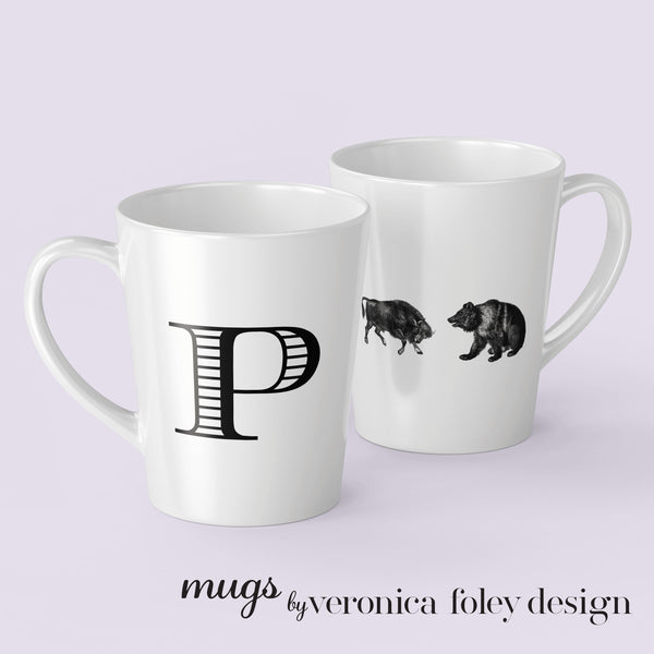 Letter J, K, L, M, N, O, P, Q, R Bull and Bear Mug with Initial, Tapered Latte Style