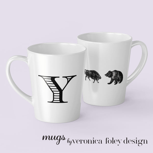 Letter S, T, U, V, W, X, Y, Z Bull and Bear Mug with Initial, Tapered Latte Style
