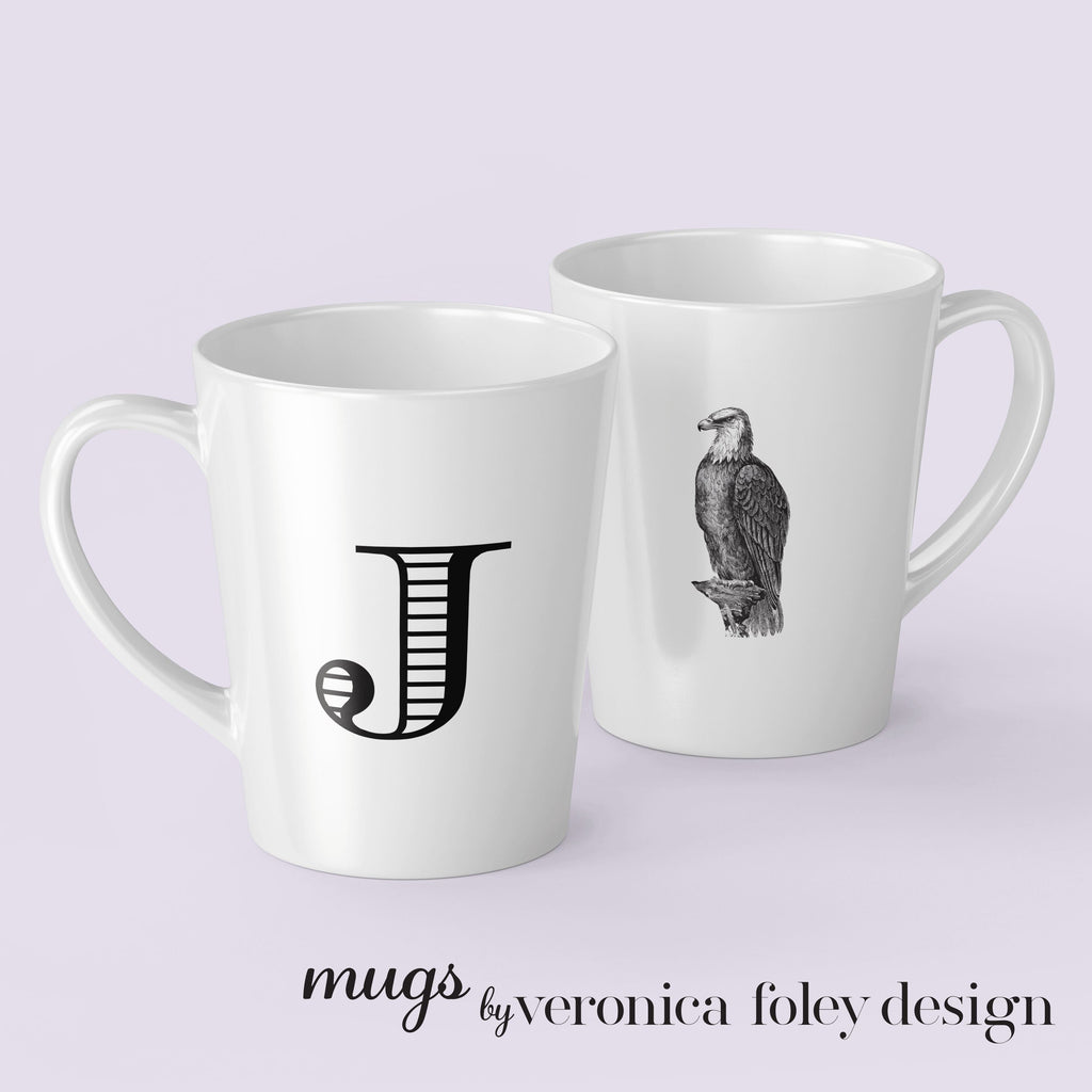 Letter J, K, L, M, N, O, P, Q, R Eagle Mug with Initial, Tapered Latte Style