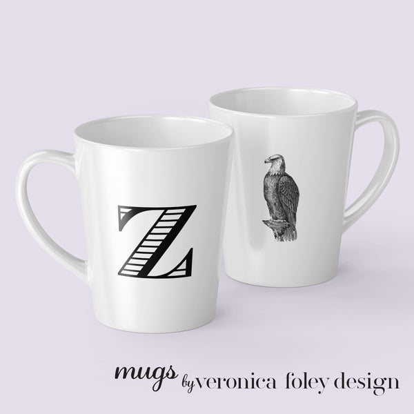 Letter S, T, U, V, W, X, Y, Z Eagle Mug with Initial, Tapered Latte Style