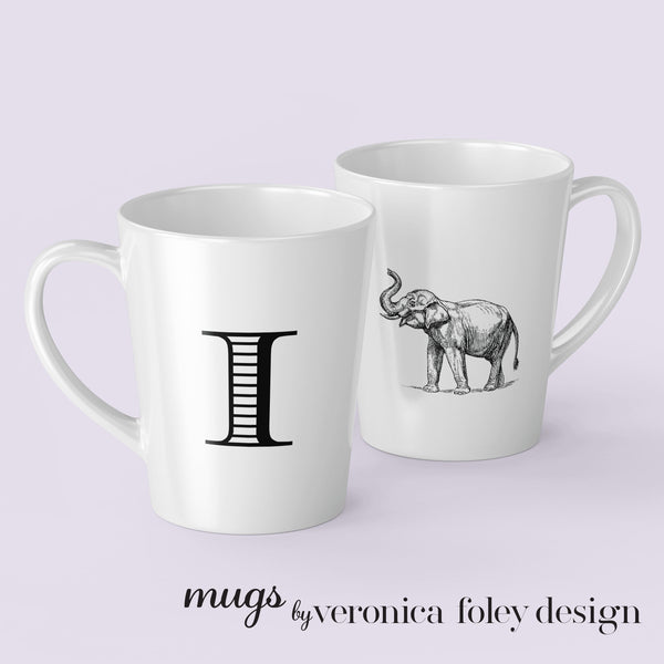 Letter A, B, C, D, E, F, G, H, I Elephant Mug with Initial, Tapered Latte Style