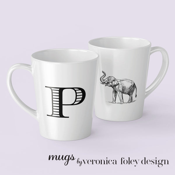 Letter J, K, L, M, N, O, P, Q, R Elephant Mug with Initial, Tapered Latte Style