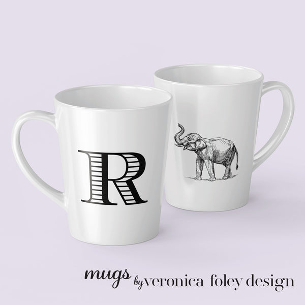Letter J, K, L, M, N, O, P, Q, R Elephant Mug with Initial, Tapered Latte Style