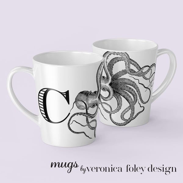 Letter A, B, C, D, E, F, G, H, I Octopus Mug with Initial, Tapered Latte Style