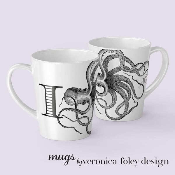 Letter A, B, C, D, E, F, G, H, I Octopus Mug with Initial, Tapered Latte Style