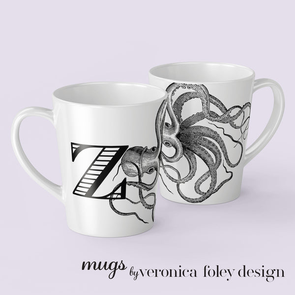 Letter S, T, U, V, W, X, Y, Z Octopus Mug with Initial, Tapered Latte Style