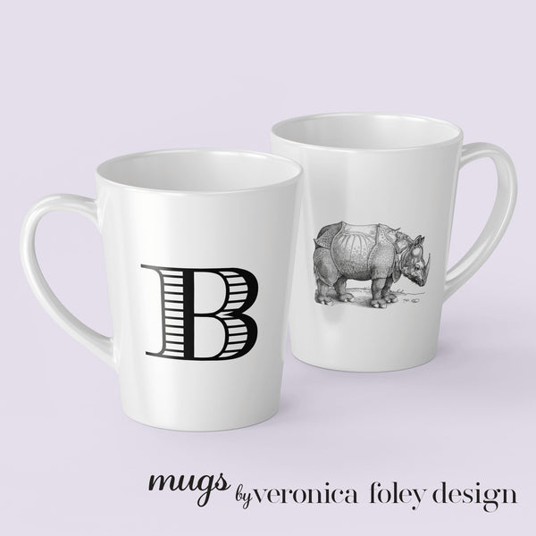 Letter A, B, C, D, E, F, G, H, I Durer Rhinoceros Mug with Initial, Tapered Latte Style