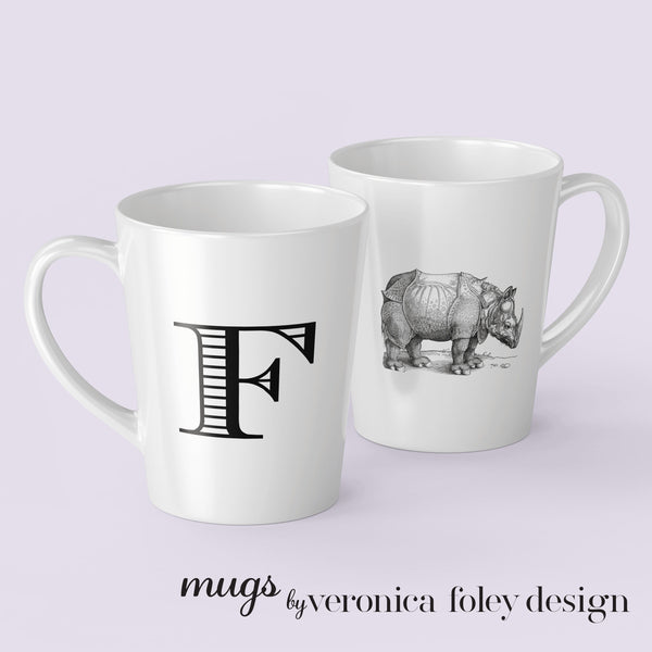 Letter A, B, C, D, E, F, G, H, I Durer Rhinoceros Mug with Initial, Tapered Latte Style