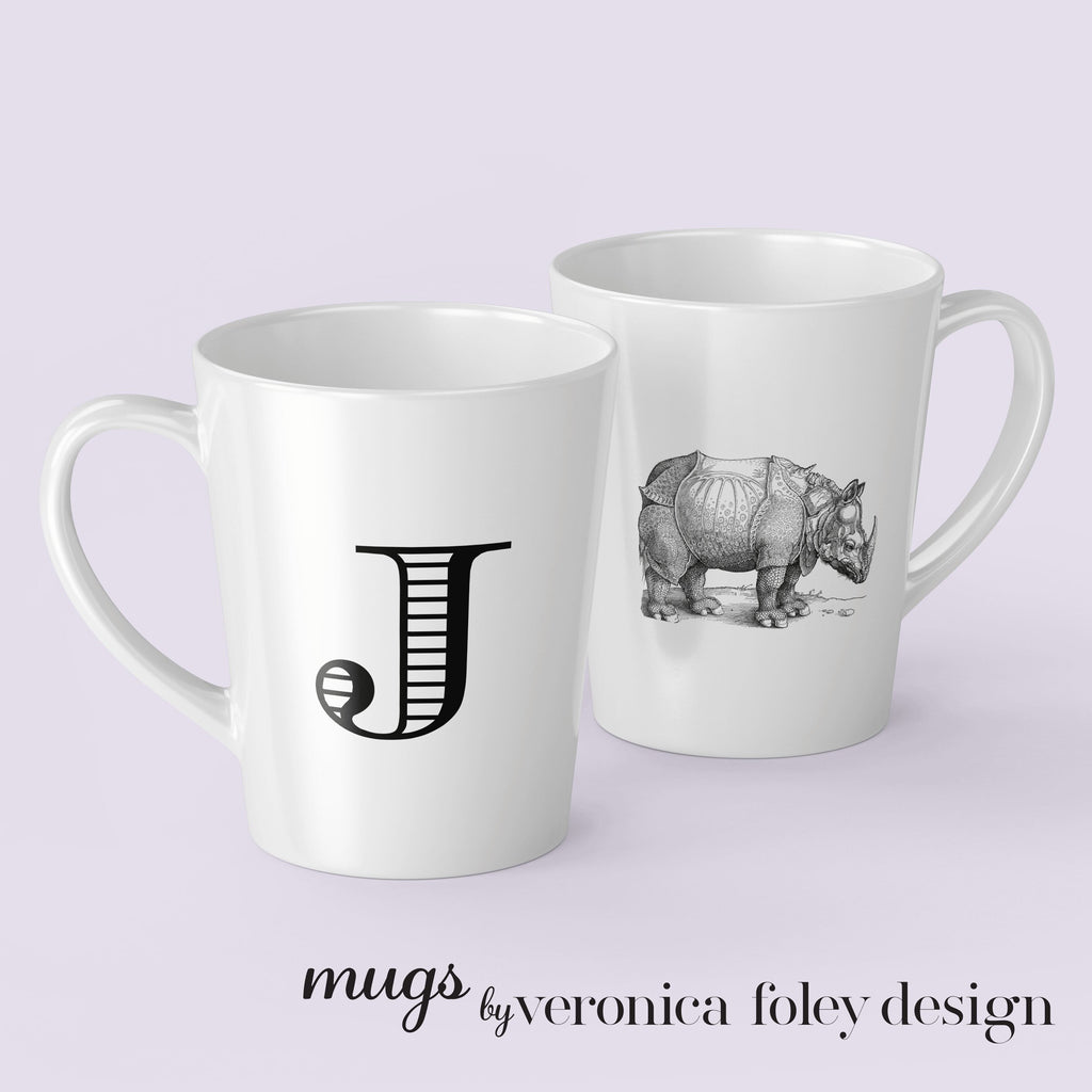 Letter J, K, L, M, N, O, P Durer Rhinoceros Mug with Initial, Tapered Latte Style