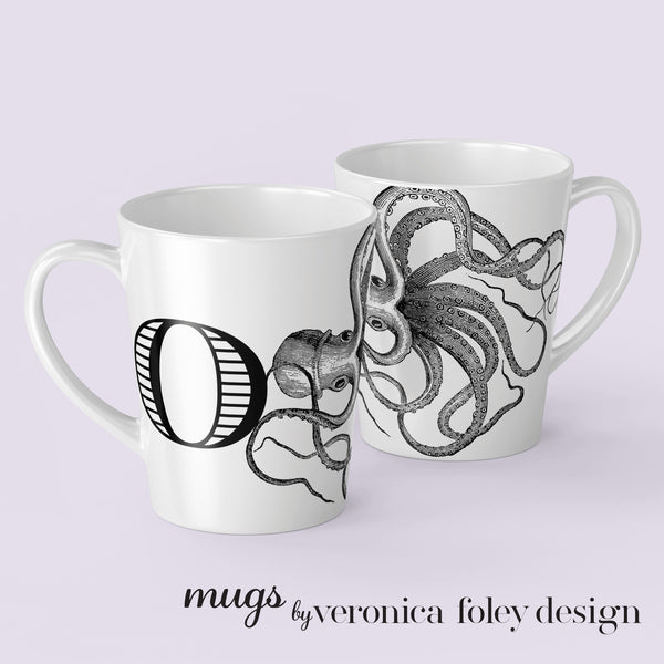Letter J, K, L, M, N, O, P, Q, R Octopus Mug with Initial, Tapered Latte Style