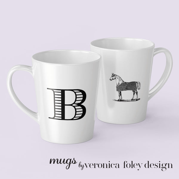 Letter A, B, C, D, E, F, G, H, I Vintage Blanket on Horse Mug with Initial, Tapered Latte Style
