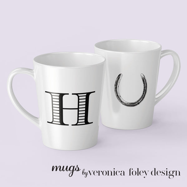 Letter A, B, C, D, E, F, G, H, I Horse Shoe Mug with Initial, Tapered Latte Style