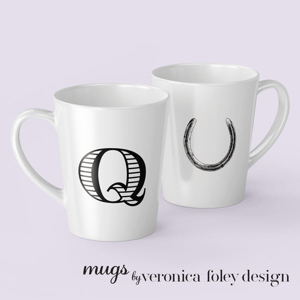 Letter J, K, L, M, N, O, P, Q, R Horse Shoe Mug with Initial, Tapered Latte Style