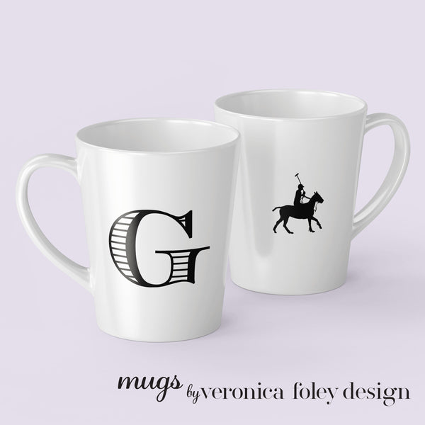 Letter A, B, C, D, E, F, G, H, I on Polo Pony or Horse Mug with Initial, Tapered Latte Style