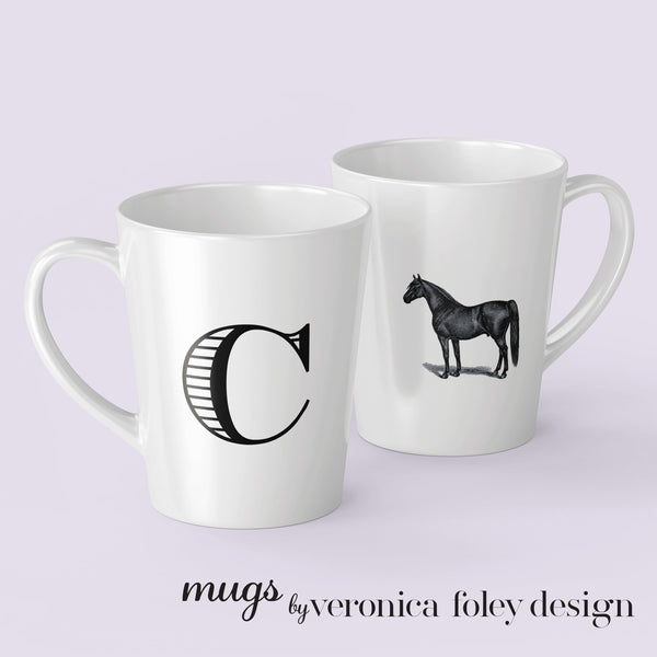 Letter A, B, C, D, E, F, G, H, I on Warmblood Horse Mug with Initial, Tapered Latte Style