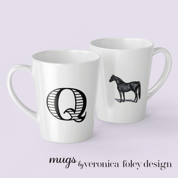Letter J, K, L, M, N, O, P, Q, R on Warmblood Horse Mug with Initial, Tapered Latte Style