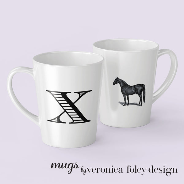 Letter S, T, U, V, W, X, Y, Z on Warmblood Horse Mug with Initial, Tapered Latte Style