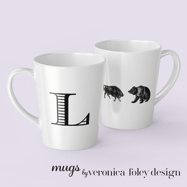 Letter J, K, L, M, N, O, P, Q, R Bull and Bear Mug with Initial, Tapered Latte Style
