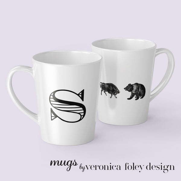 Letter S, T, U, V, W, X, Y, Z Bull and Bear Mug with Initial, Tapered Latte Style
