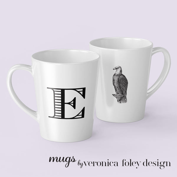 Letter A, B, C, D, E, F, G, H, I Eagle Mug with Initial, Tapered Latte Style