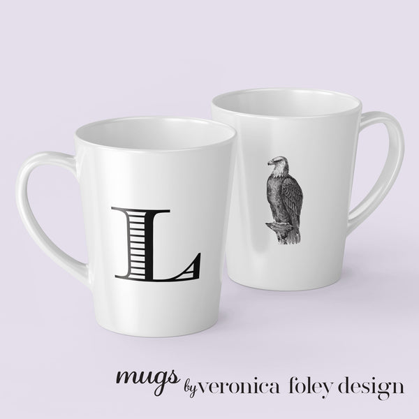 Letter J, K, L, M, N, O, P, Q, R Eagle Mug with Initial, Tapered Latte Style