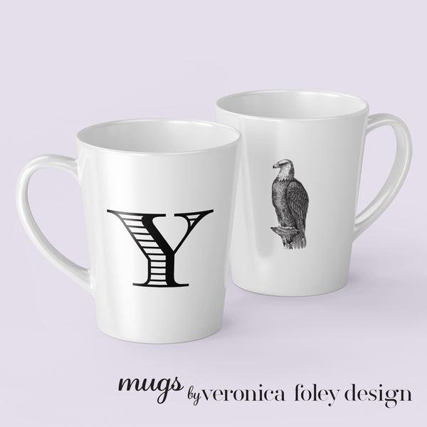 Letter S, T, U, V, W, X, Y, Z Eagle Mug with Initial, Tapered Latte Style