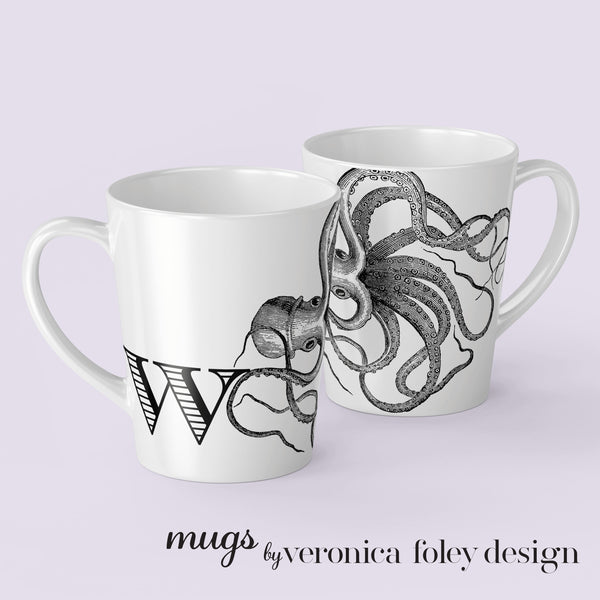 Letter S, T, U, V, W, X, Y, Z Octopus Mug with Initial, Tapered Latte Style