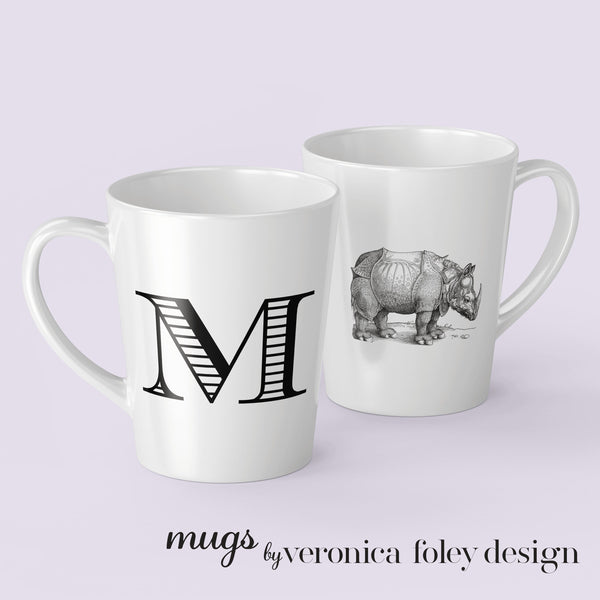 Letter J, K, L, M, N, O, P Durer Rhinoceros Mug with Initial, Tapered Latte Style