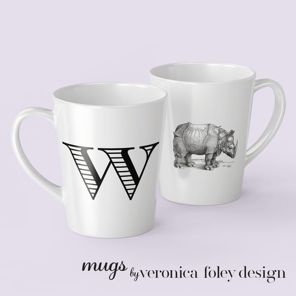 Letter S, T, U, V, W, X, Y, Z Durer Rhinoceros Mug with Initial, Tapered Latte Style